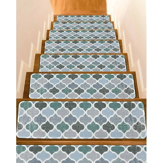 Green Grey Morocco Pattern Stair Treads for Wooden Steps Indoor Runner Rug Carpet, Turquoise Modern Moroccan Geometric 7 Pieces Peel and Stick Staircase Step Treads Covers Washable Door Mats 30"x8"