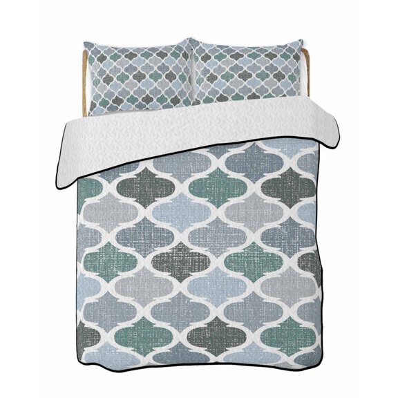 Green Grey Morocco Pattern Summer Quilt Set Queen Size,Soft Quilted Bedding Set with 2 Pillow Shams,Turquoise Modern Moroccan Geometric Lightweight All Season Bedspread Coverlet for Bedroom 90"x96"