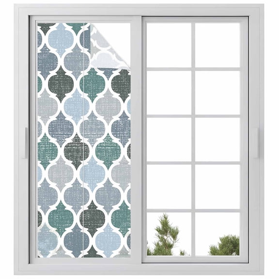 Green Grey Morocco Pattern Window Privacy Film, Turquoise Modern Moroccan Geometric Static Cling UV Sun Blocking Heat Control Window Tint, Non-Adhesive One Way Windows Privacy Cover 23.6''x59''