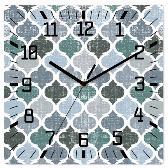 Green Grey Morocco Pattern Wooden Wall Clock Silent Non Ticking, Turquoise Modern Moroccan Geometric Square Wall Clocks Battery Operated, Decor Clock for Home Office, Living Room, Kitchen, 12 Inch