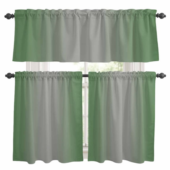 Green Grey Ombre Kitchen Curtains Sets for Windows 36 Inch Length, Modern Gradient Abstract Art Rod Pocket Window Treatments Tier Curtains and Valances Set for Bedroom/Bathroom