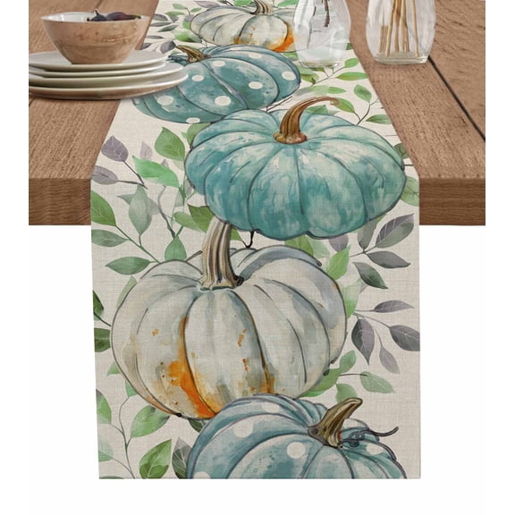 Green Grey Pumpkins Fall Burlap-Cotton Table Runner 72 Inches Long,Thanksgiving Botanical Farmhouse Table Runners,Outdoor Dining Tablecloths Decor for Baby Shower Party Wedding 13x72
