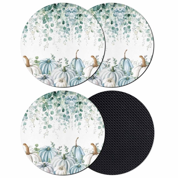 Green Grey Pumpkins Fall Coasters Set of 4, Absorbent Coasters for Drinks, Thanksgiving Eucalyptus Leaves Coaster for Desk Coffee Table Protection, Home Decor House Warming Gifts 4"