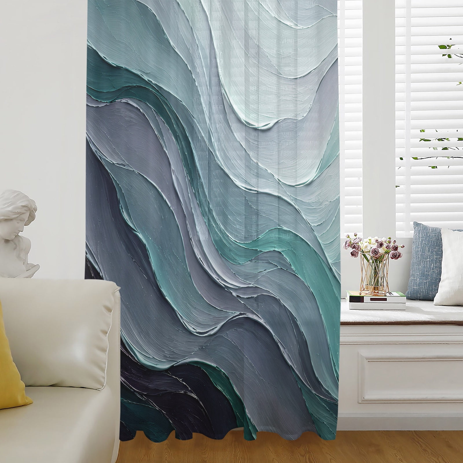 Green Grey Sheer Curtains 84 Inch Length Modern Gradient Abstract ...