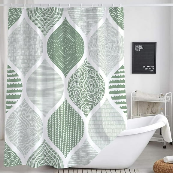 Green and Grey Shower Curtain, Mint Green Retro Bohemian Geometric Fabric Shower Curtains Set for Bathroom Decorative, Boho Modern Abstract Paisley Restroom Decor Accessories with Hooks 72X84 Inch