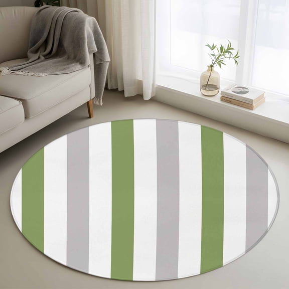 Green Grey Stripe 3ft Round Rug, Modern Farmhouse Vertical Striped Non-Skid Rubber Backing Large Area Rugs - Living Room Bedroom Home Office, Indoor Floor Mat Carpets Washable Rug