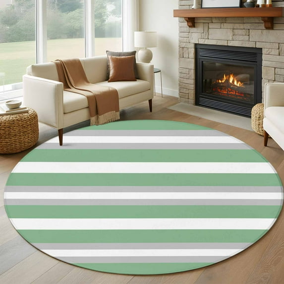 Green Grey Stripe 8ft Round Rug, Farmhouse Modern Art Striped Non-Skid Rubber Backing Large Area Rugs - Living Room Bedroom Home Office, Indoor Floor Mat Carpets Washable Rug