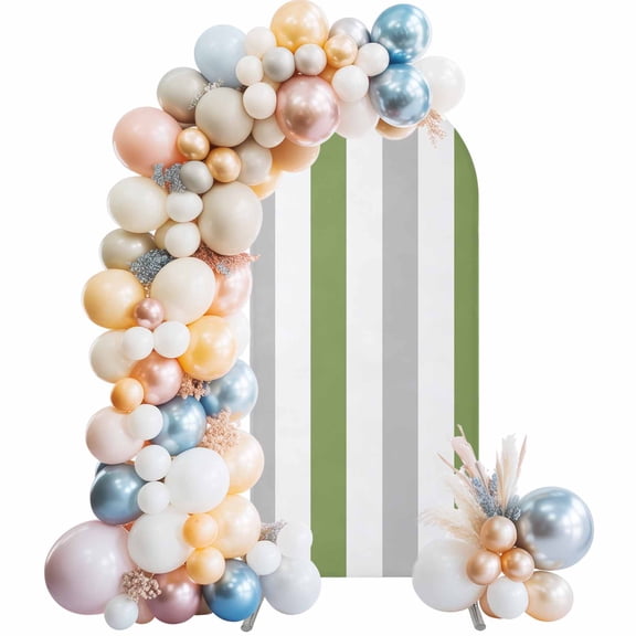 Green Grey Stripe Arch Backdrop Cover 5Ft, Wedding Arch Covers Stretchy Backdrop, Modern Farmhouse Vertical Striped Fitted 2 Sided Arched Photo Background for Birthday Party Decorations