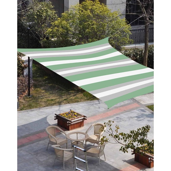 Green Grey Stripe Sun Shade Sail 14'x18' Rectangle Outdoor Shade Canopy, Minimalist Farmhouse Striped Porch Shades Outdoor Sun Blocking Screen, Sunshade Cloth Covers for Patio/Deck/Garden