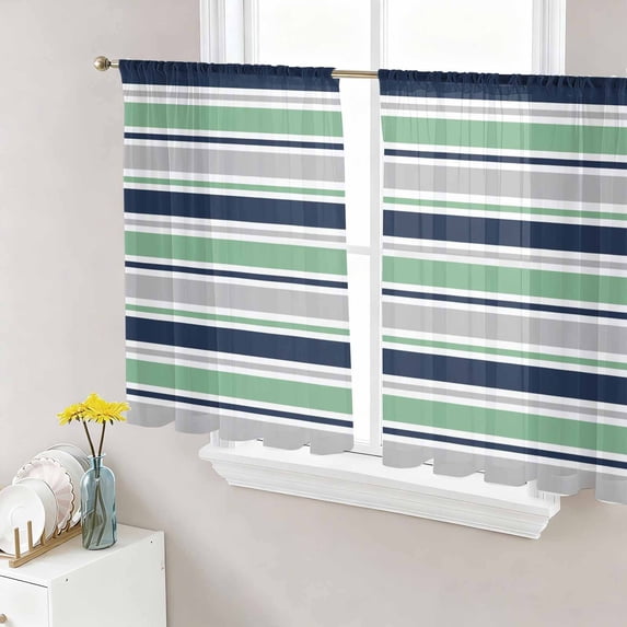 Green Grey Striped Sheer Curtains 45 Inch Length 2 Panels Set, Farmhouse Stripes Modern Abstract Art Voile Window Treatment Rod Pocket Small Kitchen Curtains Drapes for Bedroom 52"x45"x2