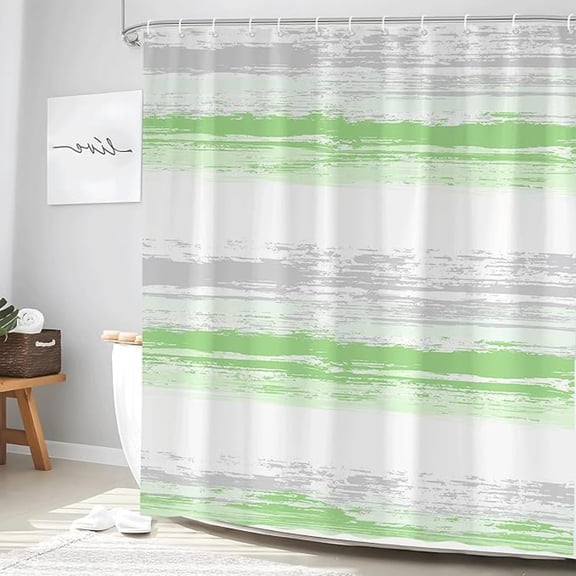 Green Grey Striped Shower Curtain Modern Abstract Geometric Aesthetic Contemporary Grunge Simple Boho Watercolour Polyester Bathroom Decor Set With Hooks 72"W x 72"L