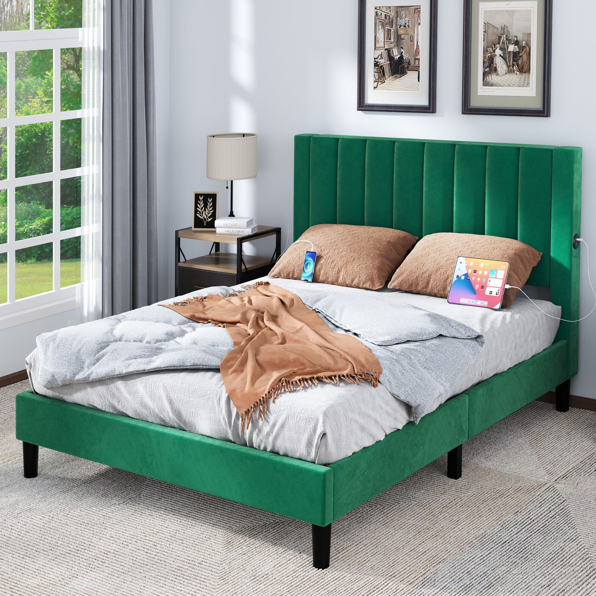Green Grey Velvet Upholstered Headboard Platform Bed Frame Green Thin Stripes Queen Walmart