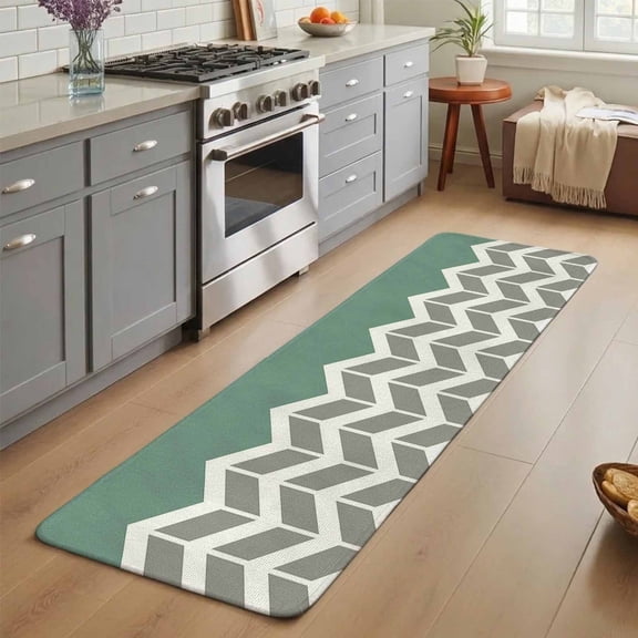 Green Grey Washable Runner Rug 1.4x4 ft Herringbone Abstract Non-Slip Hallway Runner Rug, Linen Kitchen Runner Mats, Indoor Floor Carpet for Entryway Bathroom Bedroom Living Room