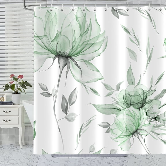 Green Grey Watercolor Floral Shower Curtain, Flower Leaves Aesthetic Art Bathroom Decor, Waterproof Polyester Cloth Fabric with 12 Hooks,72x72 in