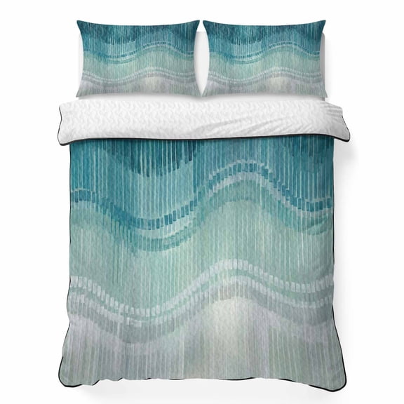 Green Grey Waves California King Quilt Bedding Set, Modern Abstract Minimalist Gradient Beach Waves Lightweight Comforter with 2 Pillow Shams Bedroom Bedspread Set Home Decor for All Seasons