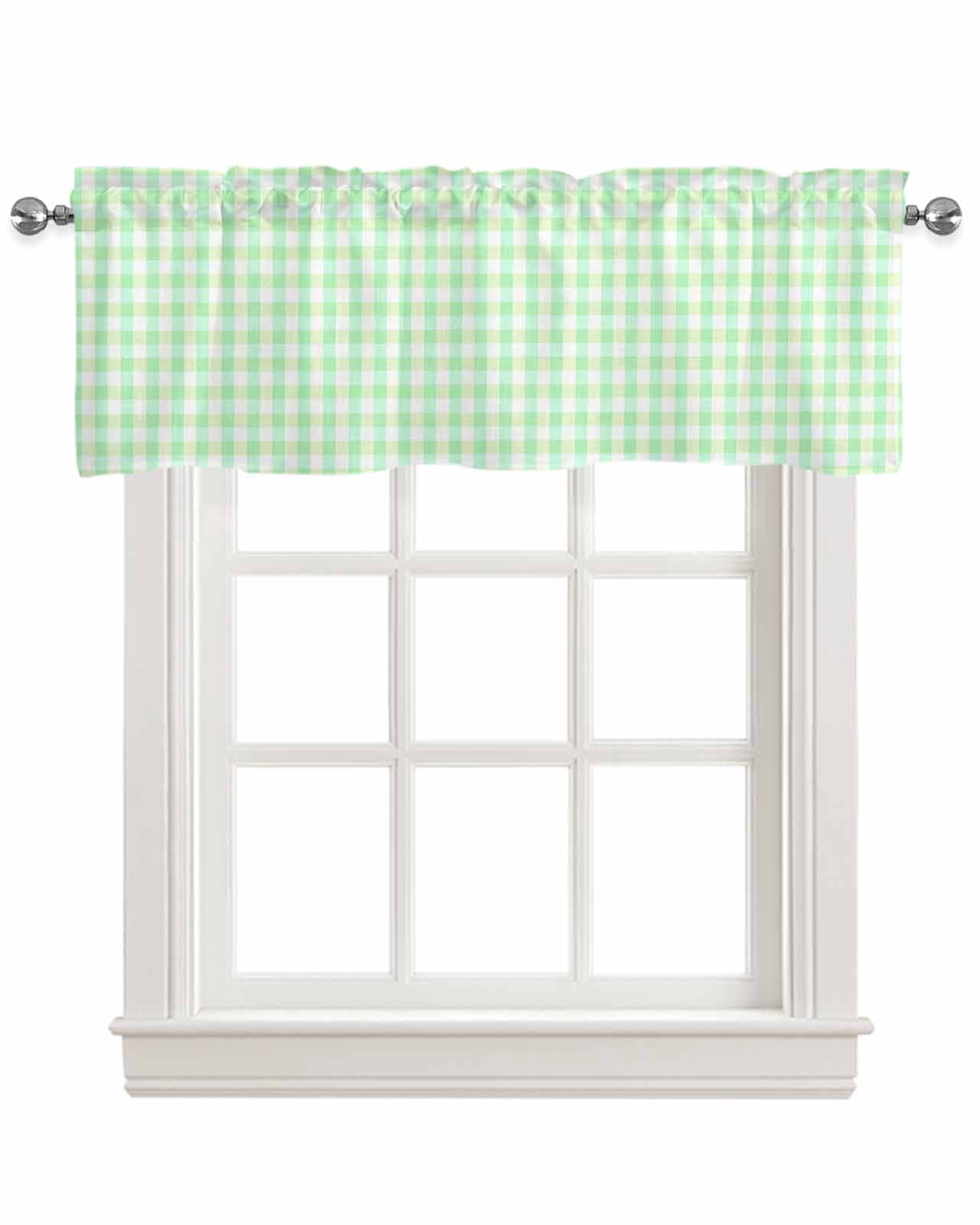 Green Grid Kitchen Valances for Windows Farmhouse Linen Window Valance Curtain for Living Room Window Treatment Checkered Plaid Gingham Lattice Trellis Print Valance Rod Pocket Topper, 60 x 18 Inch
