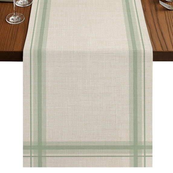 Green Grid Lines Burlap Cotton Table Runner 16x72 Inches Long, Minimalist Stripes Linen Texture Beige Farmhouse Table Runners, Outdoor Dining Tablecloths Decor for Baby Shower/Party/Wedding