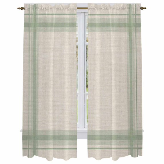 Green Grid Lines Kitchen Curtain for Berdoom Living Room Cafe 72 Inch Length, Minimalist Stripes Linen Texture Beige Tiers Curtains Light Filtering Drapes Window Treatment 2 Panels 52"Wx72"L
