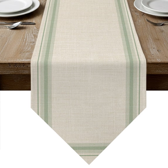 Green Grid Lines Table Runner Linen Burlap Table Runner 70 Inches Long Minimalist Stripes Linen Texture Beige Dresser Scarves for Kitchen Island Coffee Dining Room Party Wedding Holiday Decor 13"x70"