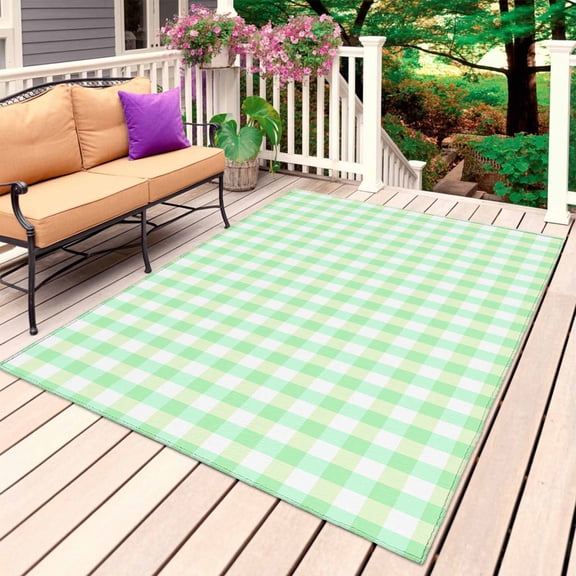 Green Grid Outdoor Rug for Patio/Deck/Porch, Non-Slip Large Area Rug 4 x 6 Ft, Checkered Plaid Gingham Lattice Trellis Print Indoor Outdoor Rugs Washable Area Rugs, Camping Rug Carpet Runner