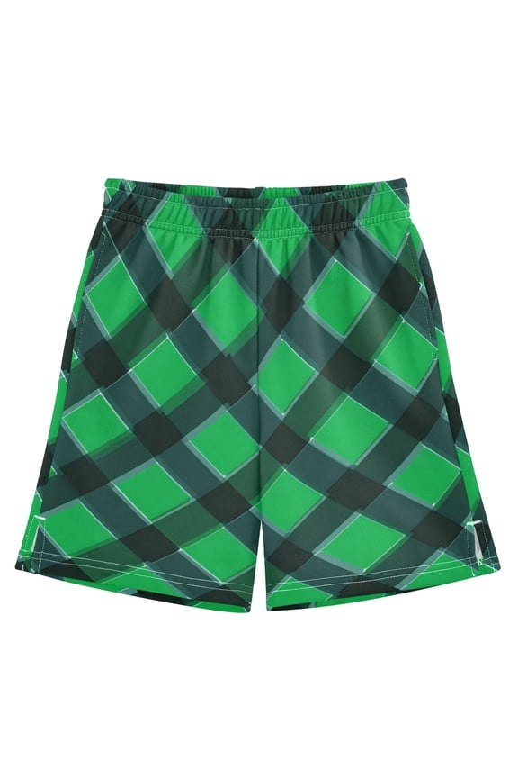 Green Grid Pattern Athletic Shorts Breathable with Comfort Fit Drawstring Casual Sweatshorts Medium