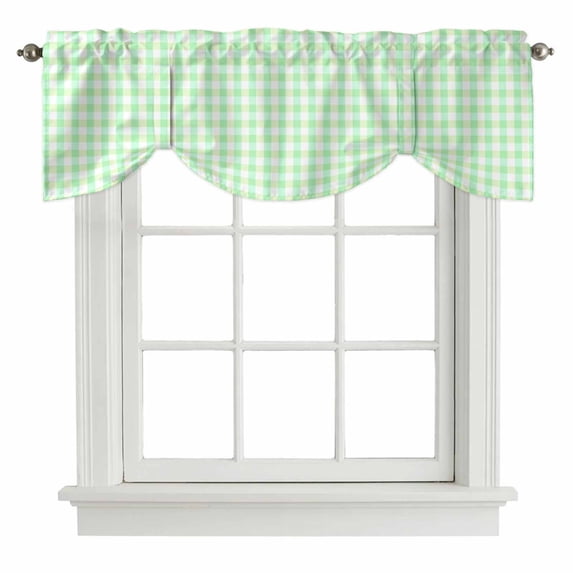 Green Grid Tie Up Valance Curtains for Windows, Kitchen Curtains Window Treatments, Checkered Plaid Gingham Lattice Trellis Print Short Window Shades Valances for Bedroom Bathroom Cafe 42"x18"