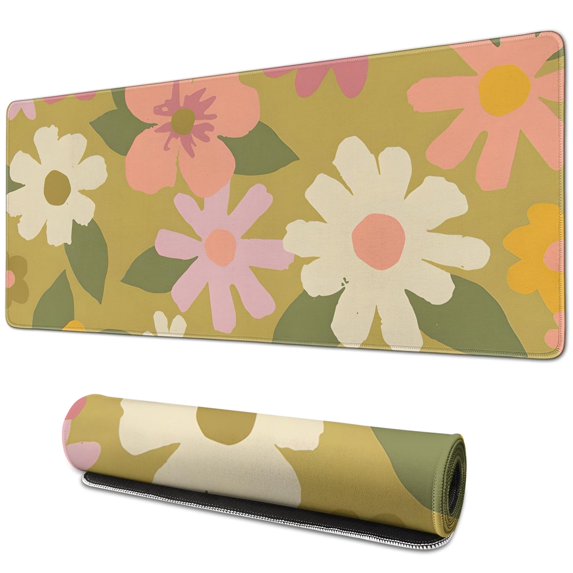 Green Groovy Flowers Gaming Mouse Pad - Large 31.5x11.8 inch with Non-Slip Rubber Base - Enhances Gaming & Adds Charm to Any Office Desk
