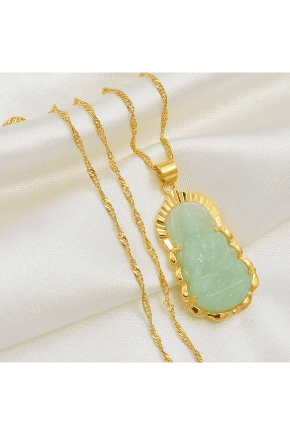 Green Guanyin 14k Yellow Gold Pendant Necklace Style Buddhist Ornament Maitreya Buddha Amulet Hinduism A011