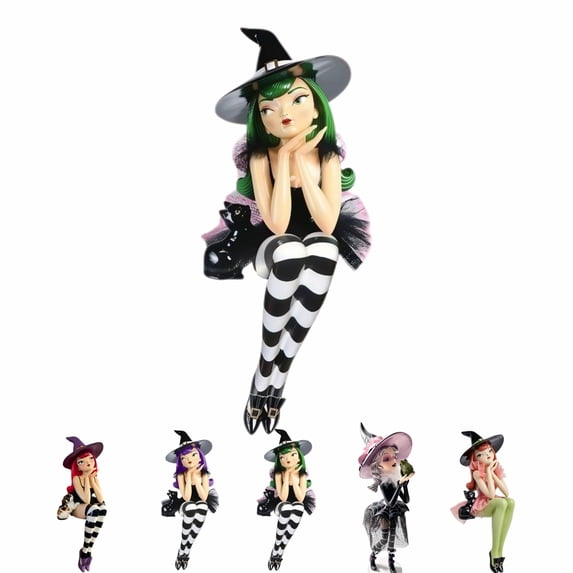 Green Hair Shelf Sitting Witch Figurine with Black Cat,1PCS Gothic Resin Edge Sitting Witch Statue with Witch Hat,12" Spooky Fall Halloween Decor for Tabletop& Bookshelf