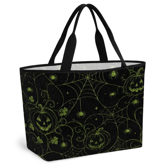 Green Halloween Beach Bag for Women, Large Breathable Mesh Beach Tote Bag, Pumpkins Spiders Webs Classic Black Sandproof Lightweight Travel Bags for Vacation Picnic Swimming Pool 15.7"x15.7"x9.1"