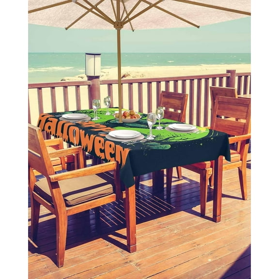 Green Halloween Outdoor Tablecloth - 60x102 Inch Rectangle Dining Table Cover, Moon Night Tree Bat Waterproof Outdoor Table Cloth with Umbrella Hole & Zipper for Picnic/Patio/Party