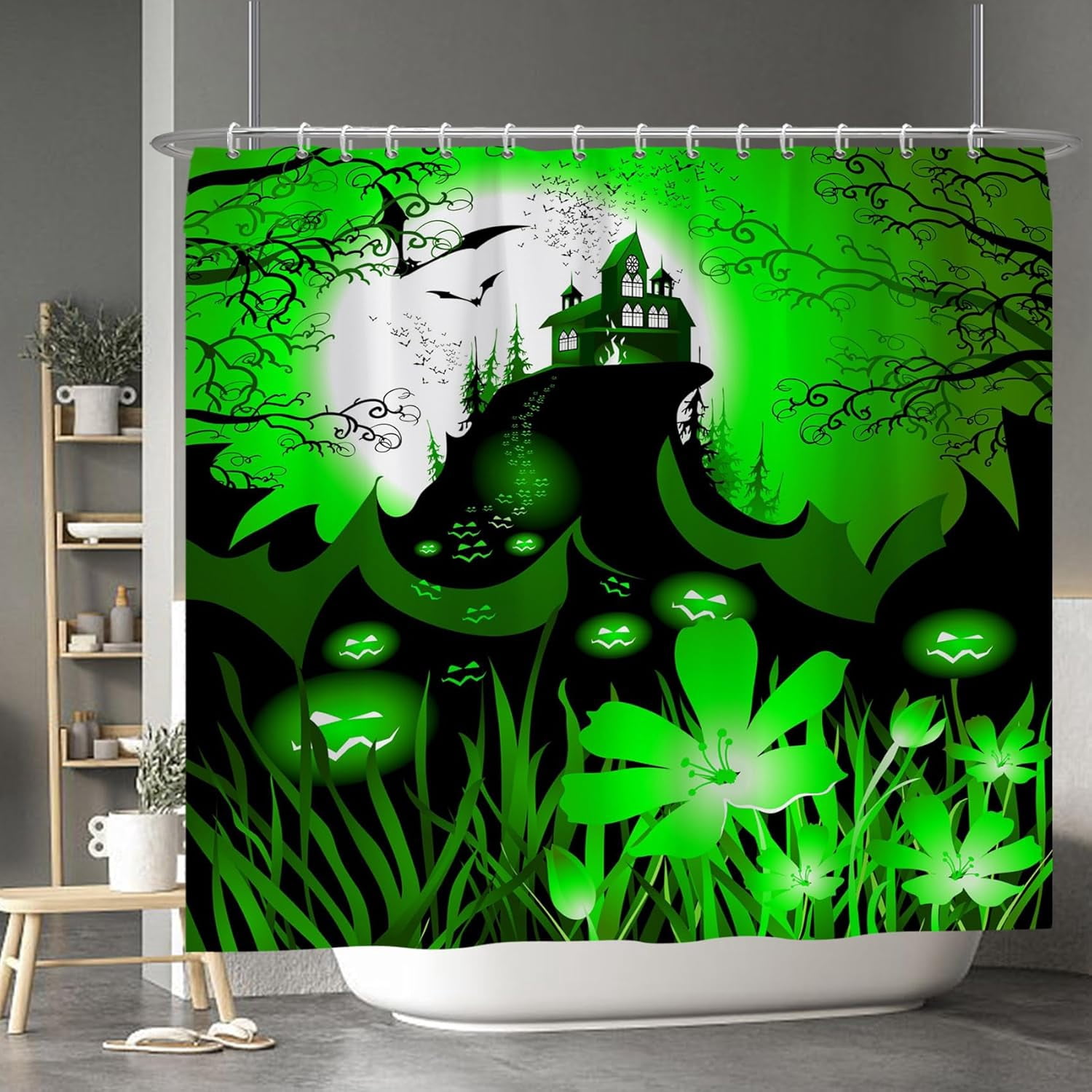 Green Halloween Shower Curtain Evil Pumpkin Spooky Bats Forest Full ...
