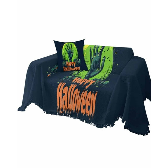 Green Halloween Sofa Couch Covers for Dogs, Washable Sofa Throw Cover Single Slipcovers for Armchair with Tassels, Moon Night Tree Bat Couch Protector Towel Blanket M 71''x91''