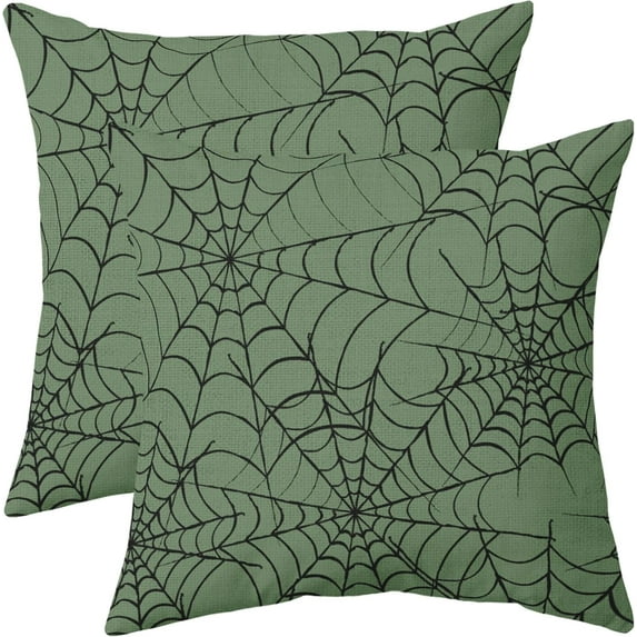 Green Halloween Spiderweb Pillow Covers 18x18 Set of 2 Black Web Outdoor Decorative Throw Pillows Halloween Scary Themed Farmhouse Pillowcases Linen Cushion Case Decor for Home Sofa Couch Bed