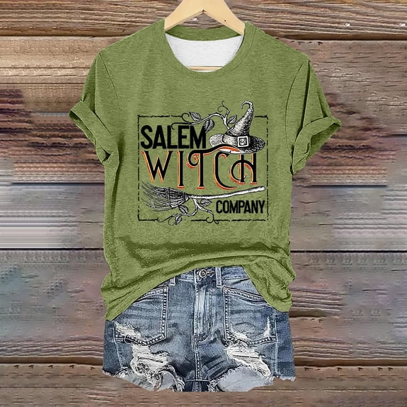 Green Halloween Spooky Shirt for Women Crew Neck Funny Halloween Party, Comfortable, Soft, Lightweight, Relaxed, Short Sleeve, 4XL