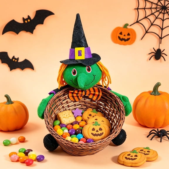 Green Halloween Wicker Storage Basket, Cartoon Character Candy Holder, Witch Vampire Cat Themed Ornament, Portable Party Snack Container, Creative Home Room Festival Decor Accessory (9*9*5.5in)