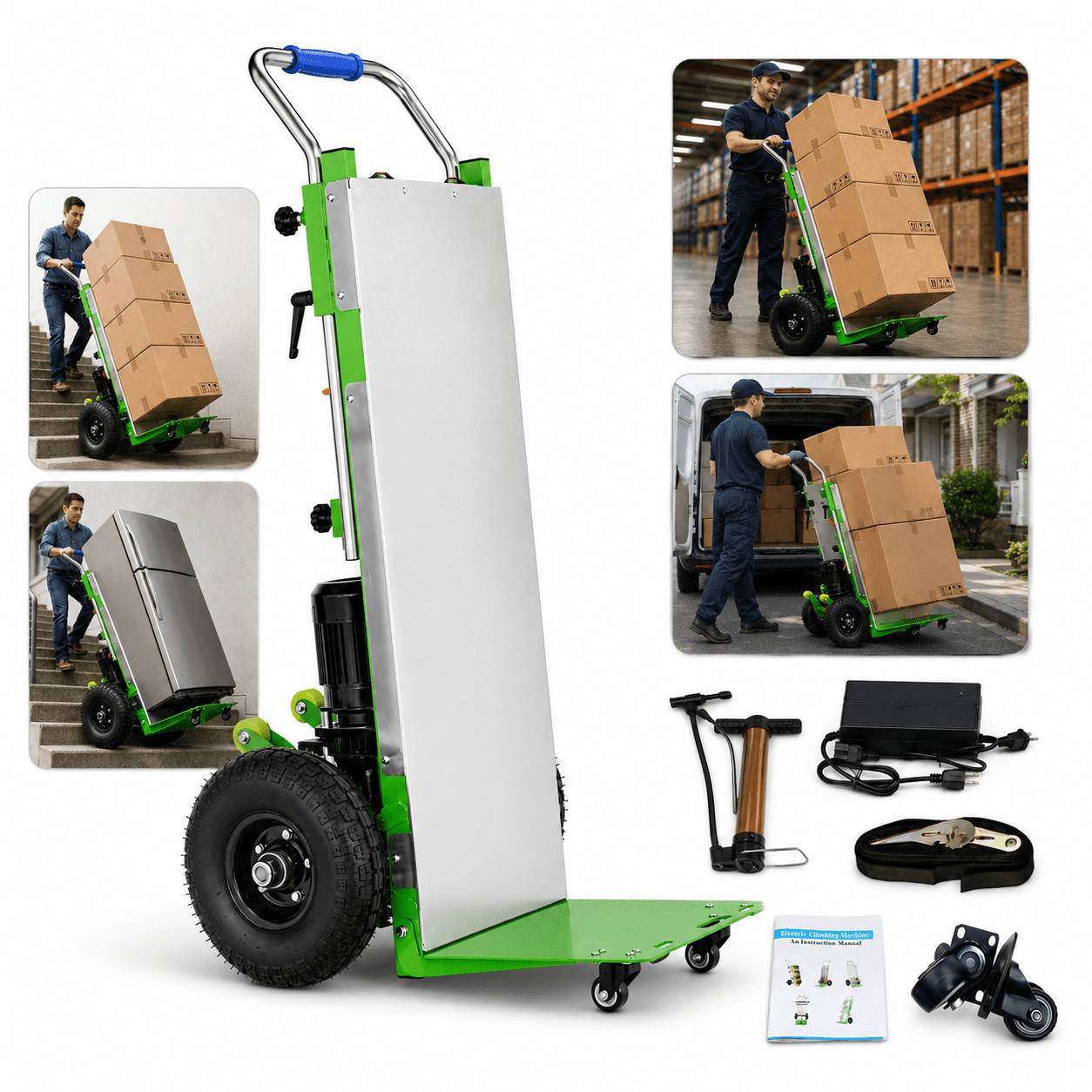 Green Hand Trucks - 880lbs Capacity Electric Stair Hand Trucks 1200W Heavy Duty Stair Climber Trolley with Safety Rope and Solid Wheel for Moving Furni ture Logistics Warehous