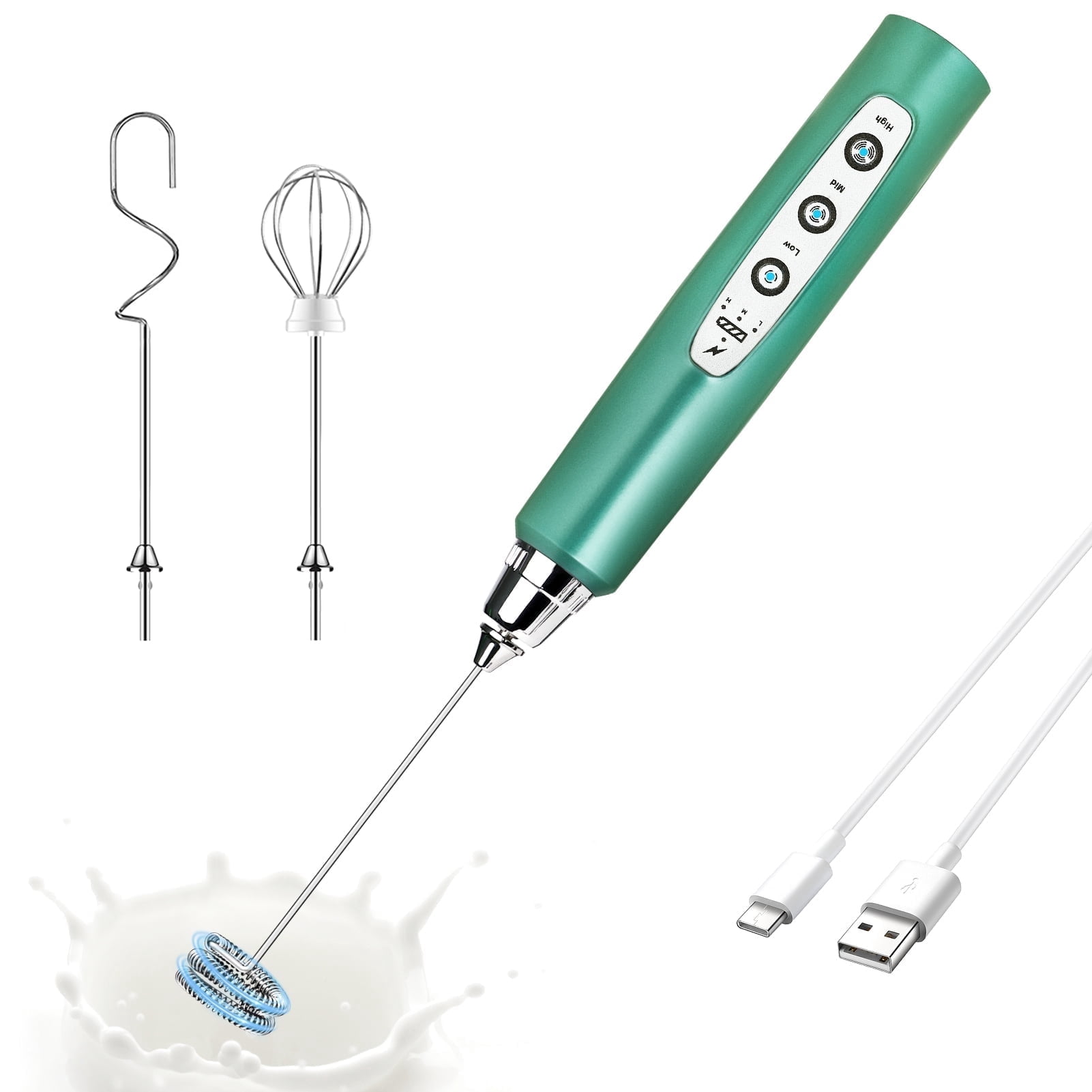 Green Handheld Milk Frother Wand for Coffee, Rechargeable Electric Whisk with 3 Heads 3 Speeds Drink Mixer Coffee Frother For Latte, Cappuccino, Hot Chocolate, Egg