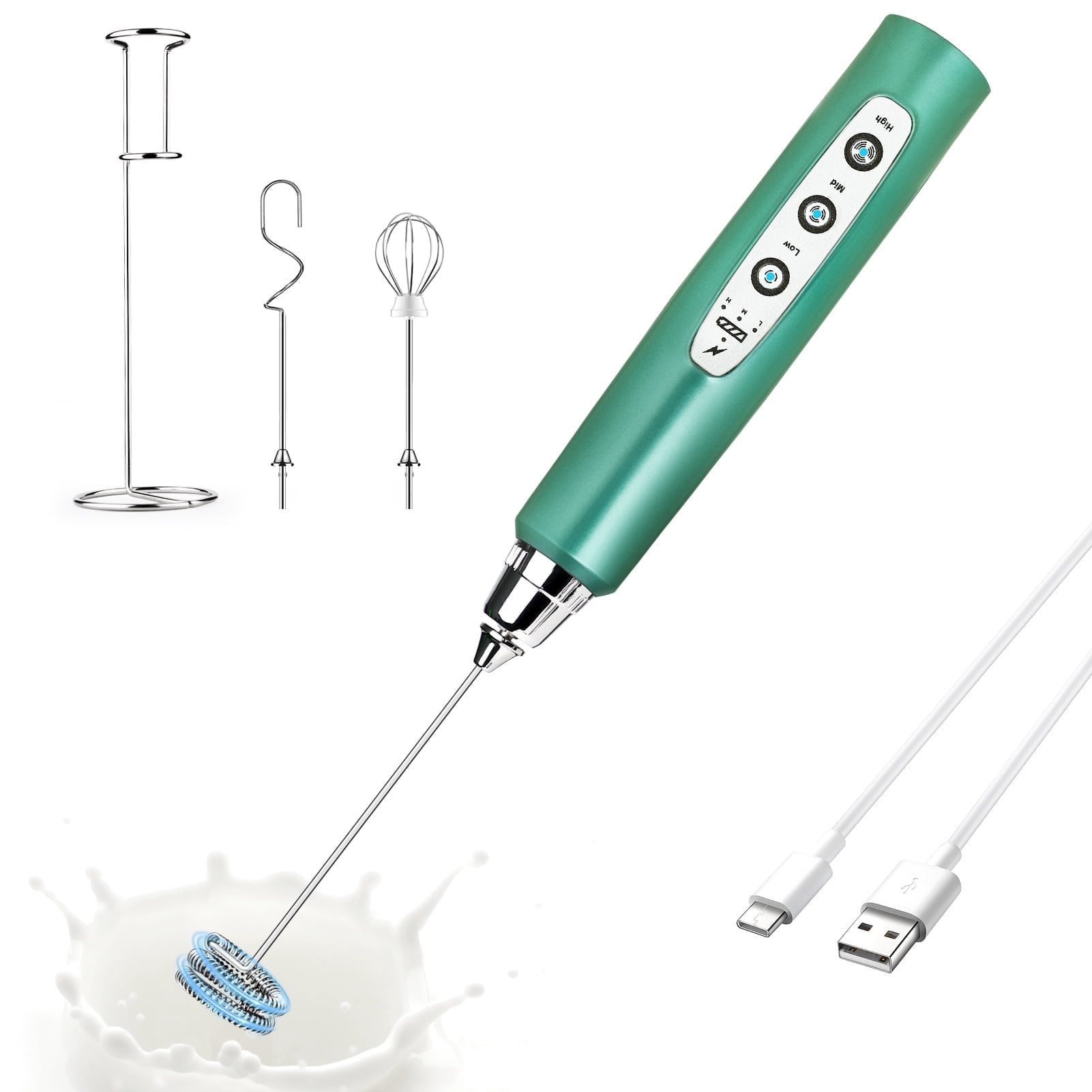 Green Handheld Milk Frother Wand with Stand for Coffee, Rechargeable Electric Whisk with 3 Heads 3 Speeds Drink Mixer Coffee Frother For Latte, Cappuccino, Hot Chocolate, Egg