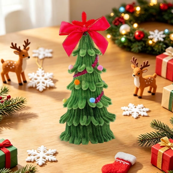 Green Handmade Mini Christmas Tree Table Decor, Fuzzy Pipe Tree with Red Ribbon Bow, Festive Holiday Ornament for Mantel and Desk