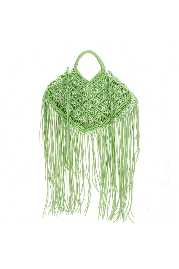 Green Handwoven Macrame Fringe Top Handle Beach Bag
