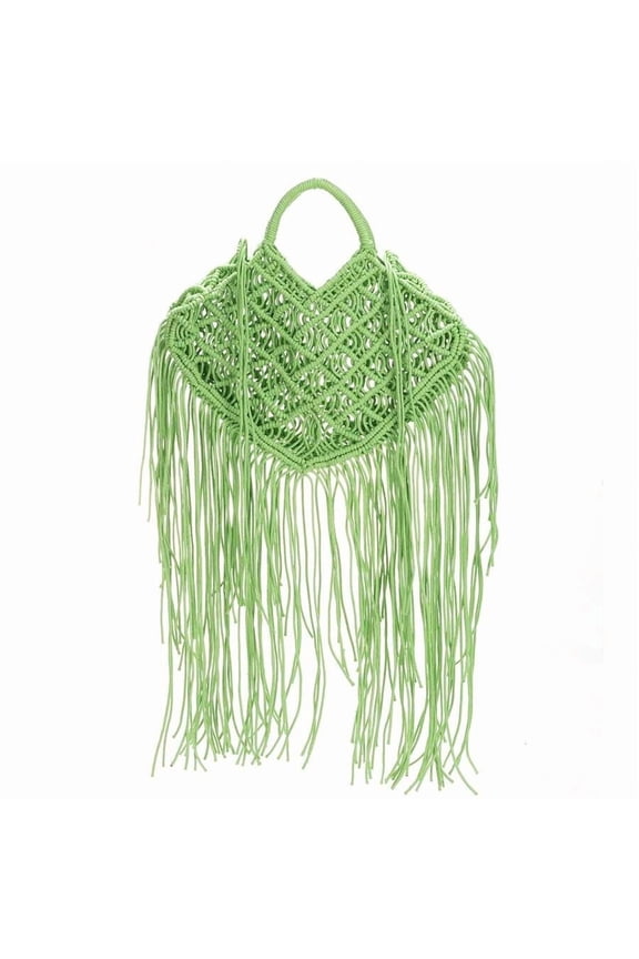 Green Handwoven Macrame Fringe Top Handle Beach Bag
