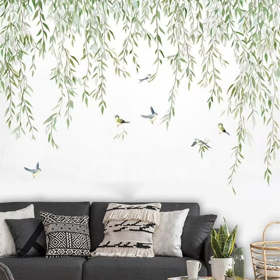 Green Hanging String of Willow Wall Decals Peel and Stick, Large Plants Vinyl Wall Stickers, Removable Vine Home Decor Art for Bedroom Living Room Classroom Office