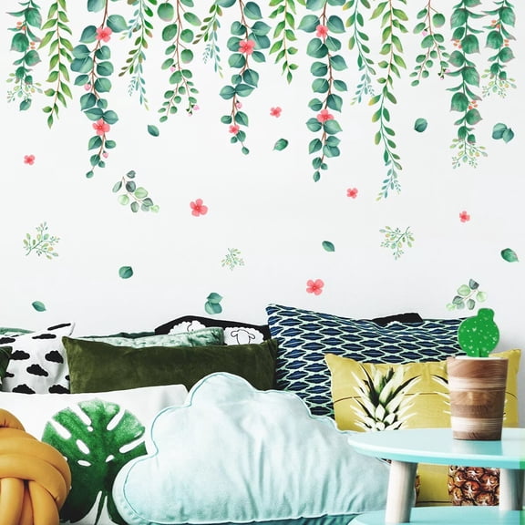 Green Hanging Vine Wall Sticker plant wall decal Peel and Stick, Vinyl Floral Wall Decal, Flower Wall Decor DIY Peel and Stick Removable Art Home Decoration for Living Room Bedroom Sofa TV Background