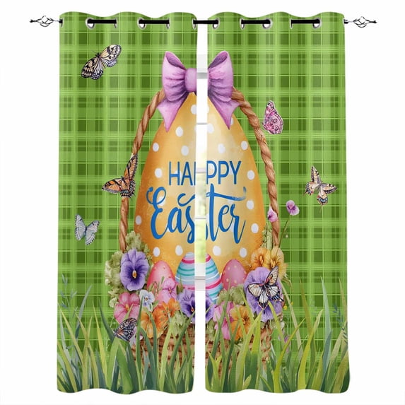 Green Happy Easter Blackout Curtains 84 Inches Long, Spring Easter Eggs Floral Plaid Thermal Insulated Black Out Curtains, Darkening Window Curtain Drapes for Bedroom Living Room 42"x84" 2 Panels