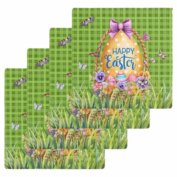 Green Happy Easter Kitchen Dish Towels for Drying Dishes Set of 4, Spring Easter Eggs Floral Plaid Waffle Weave Microfiber Hand Tea Bathroom Towels Quick Dry & Absorbent Towel 12x12