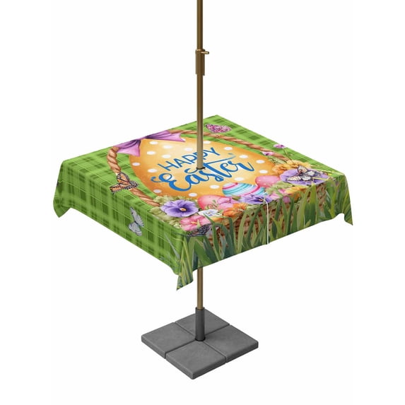 Green Happy Easter Outdoor Tablecloth - 54x54 Inch Square Dining Table Cover, Spring Easter Eggs Floral Plaid Waterproof Outdoor Table Cloth with Umbrella Hole & Zipper for Picnic/Patio/Party