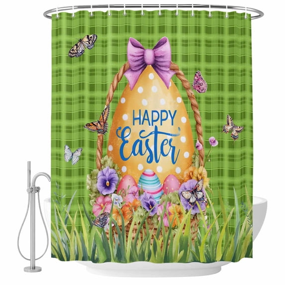 Green Happy Easter Shower Curtain, Waterproof Shower Curtains for Bathroom, Spring Easter Eggs Floral Plaid Washable Fabric Bathtub Curtain Set Bath Decor with 12 Hooks Standard 72"x72"