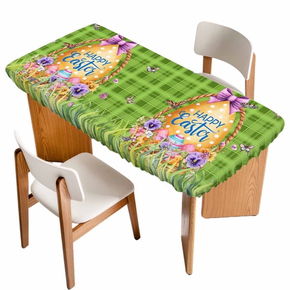 Green Happy Easter Table Cloths for 4 Foot Rectangle Tables, Spring Easter Eggs Floral Plaid Patio Waterproof Elastic Fitted Tablecloths, Washable Rectangular Table Cover for Camping