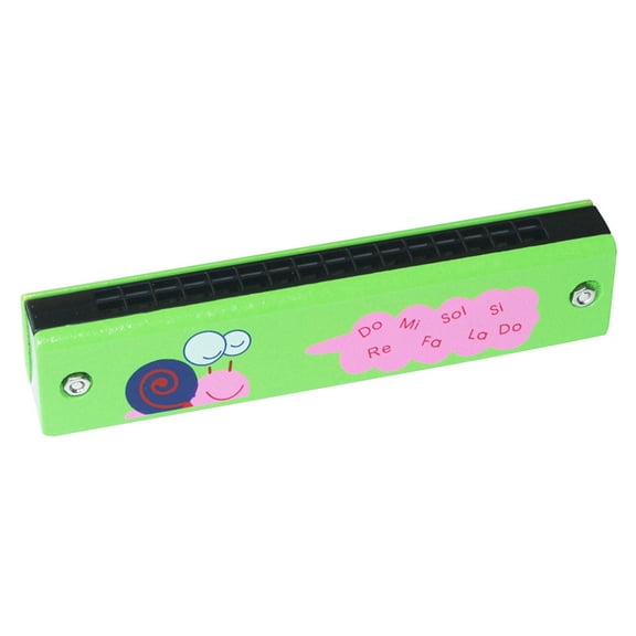 Green Harmonica Musical Instrument Wooden Printing Double Rows 16 Holes For Kids Children Music Lover Green Snail Design Plastic 5.1X1.1In